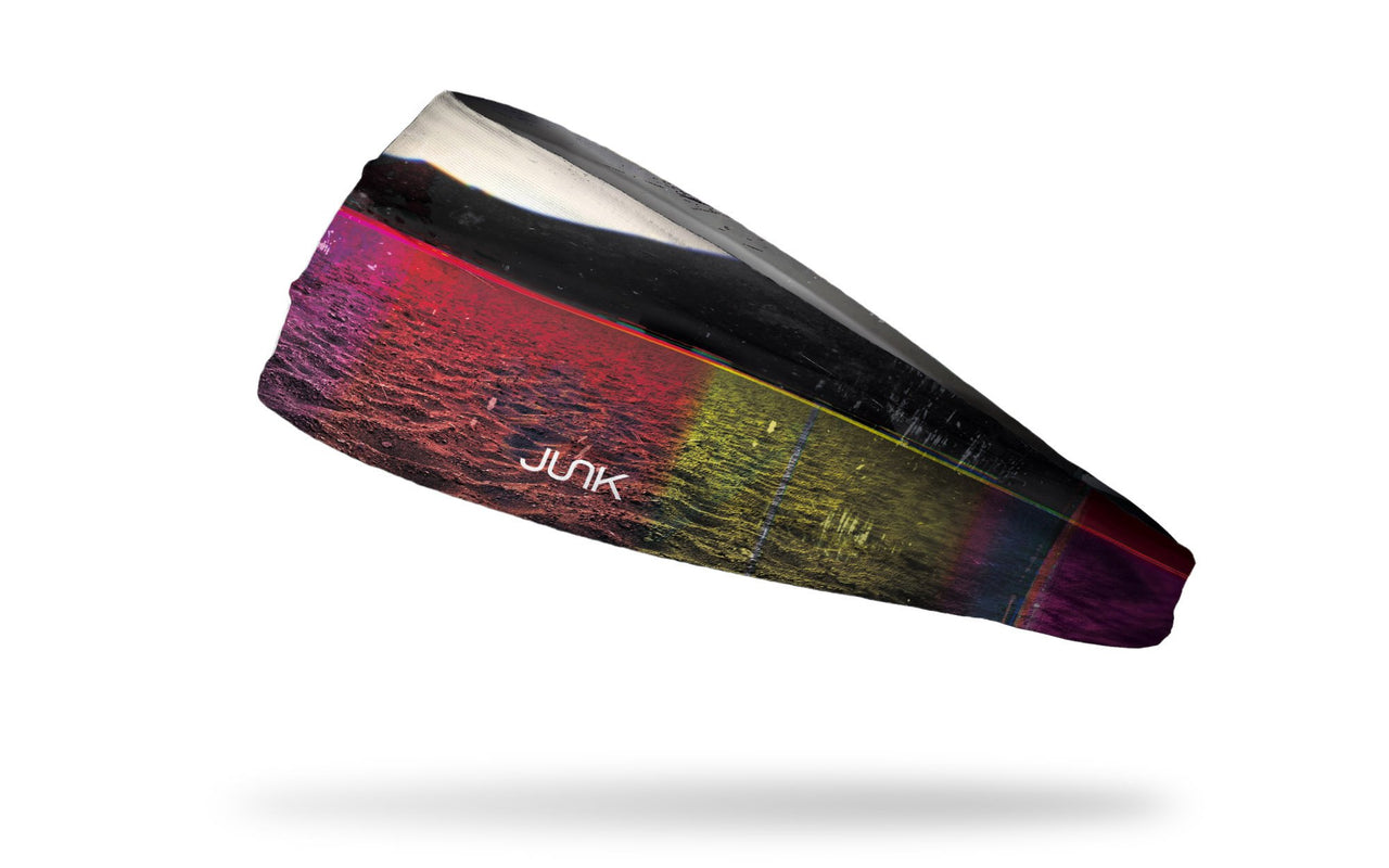black and white headband with flaired lake photograph design