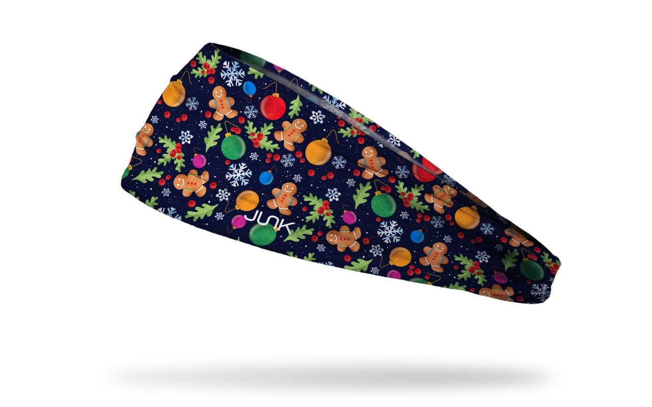 purple winter christmas themed headband with gingerbread men ornaments snowflakes cookies