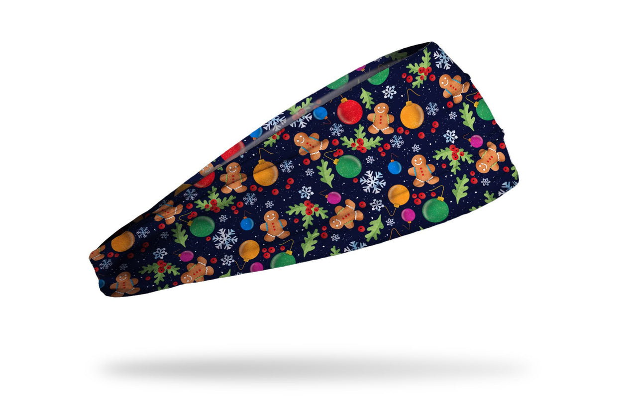 purple winter christmas themed headband with gingerbread men ornaments snowflakes cookies