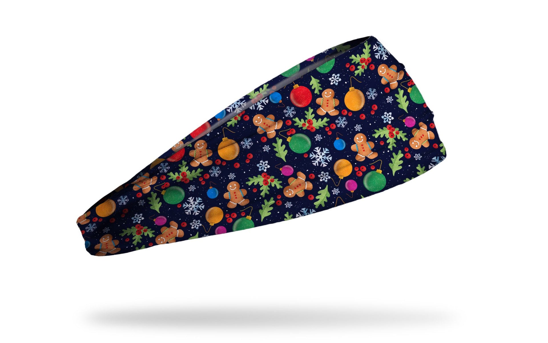 purple winter christmas themed headband with gingerbread men ornaments snowflakes cookies