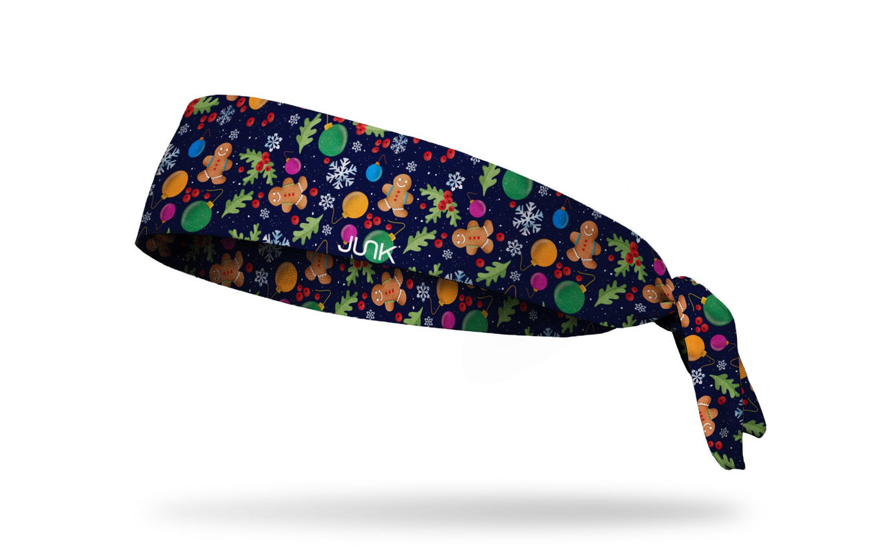 purple winter christmas themed headband with gingerbread men ornaments snowflakes cookies