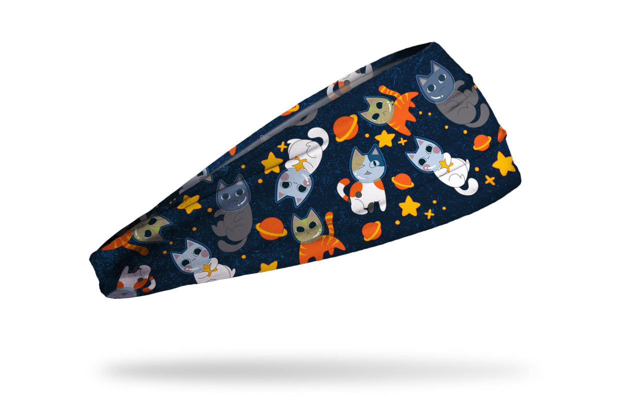 cat themed navy headband with cats as astronauts in space with stars and moons