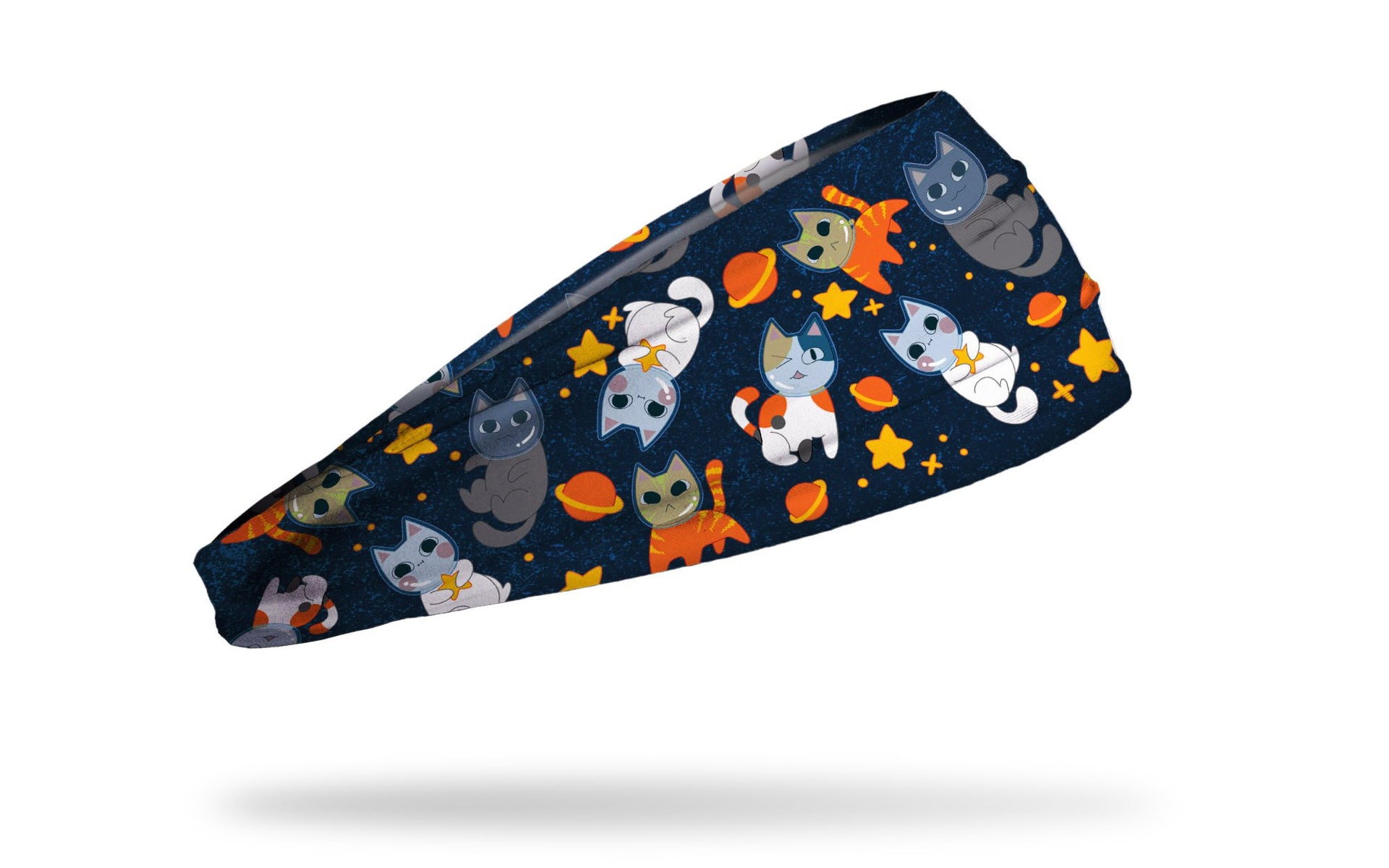 cat themed navy headband with cats as astronauts in space with stars and moons