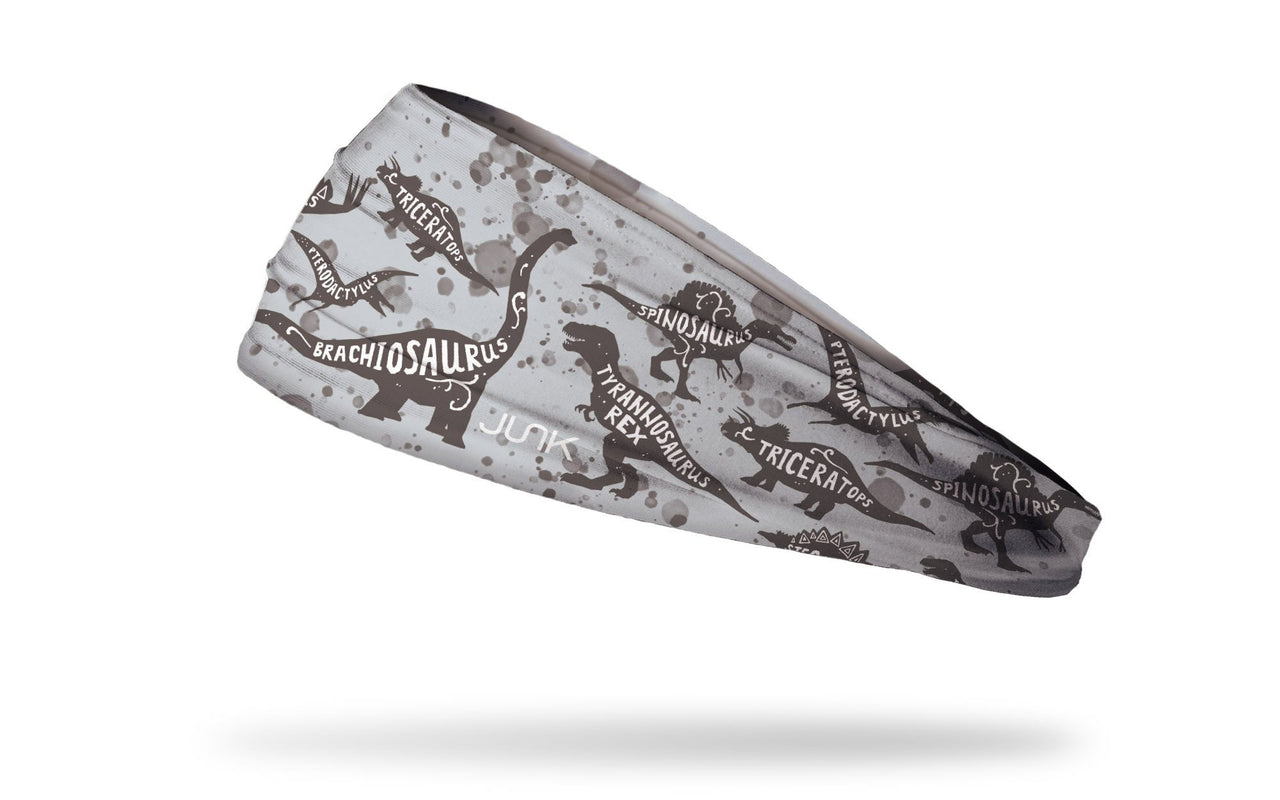 light khaki brown headband with outlines of dinosaurs in brown and names inside in white