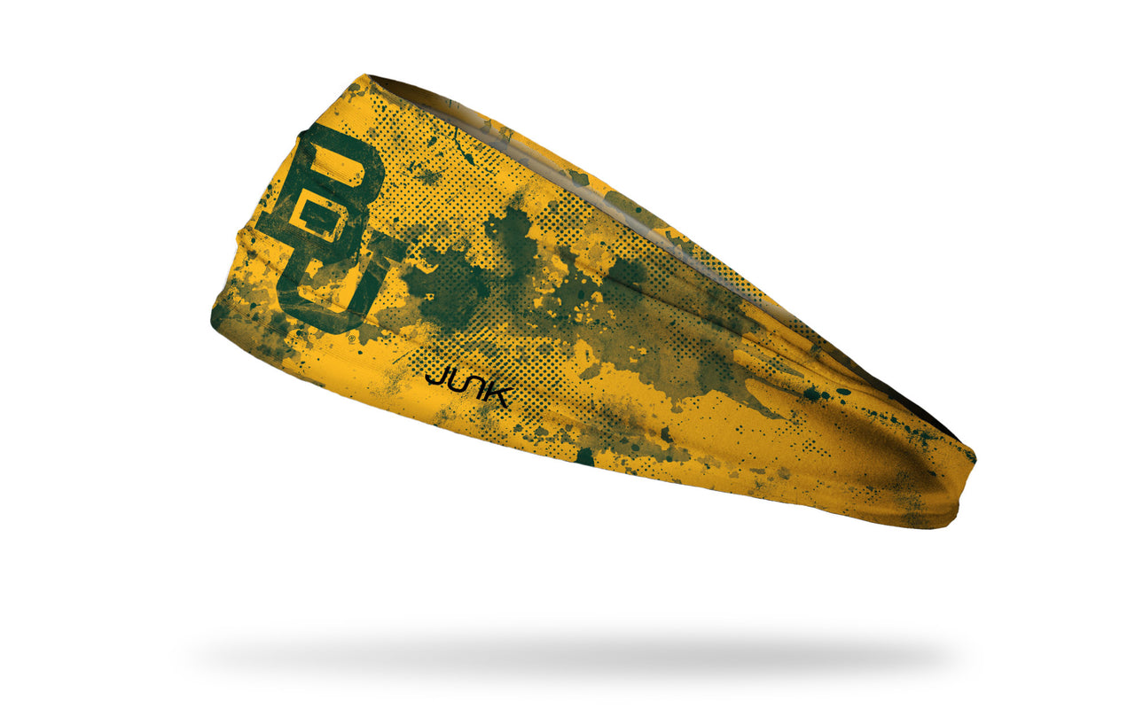 gold headband with grunge overlay and Baylor University B U logo in green