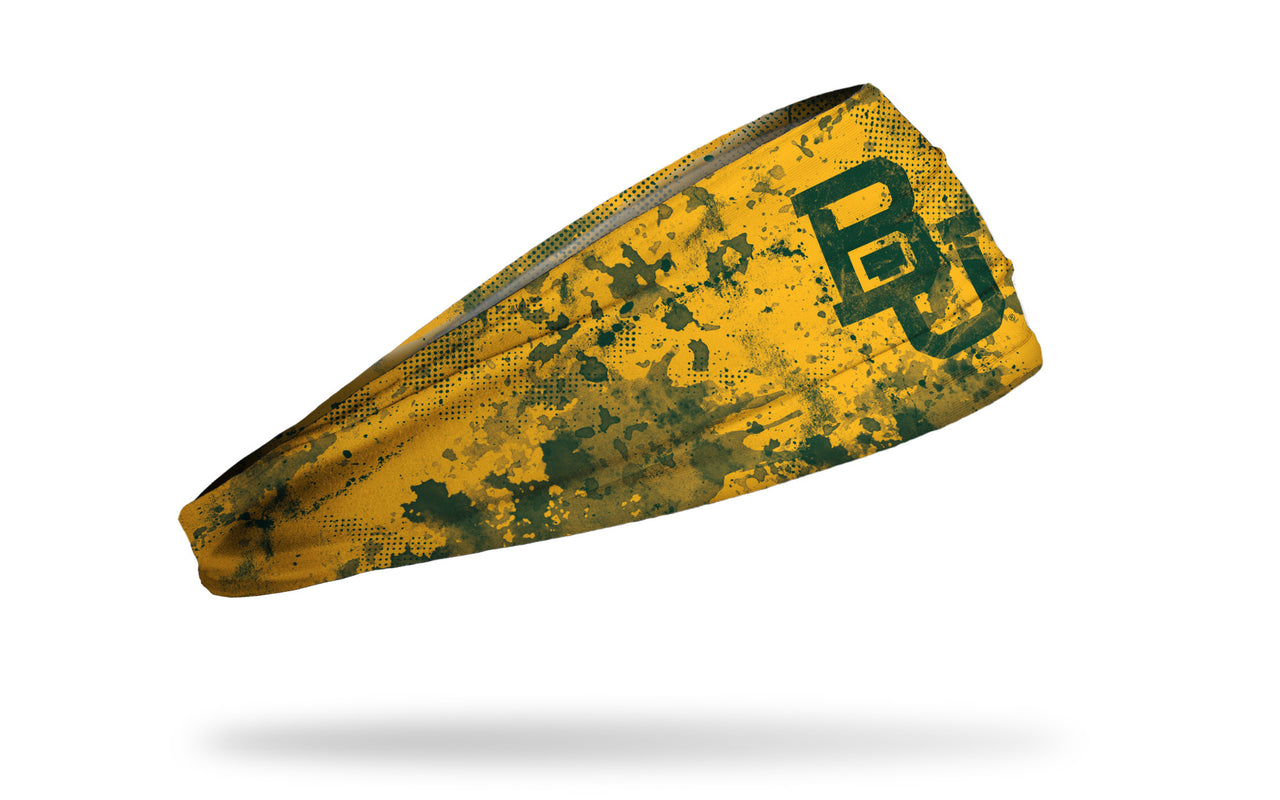 gold headband with grunge overlay and Baylor University B U logo in green