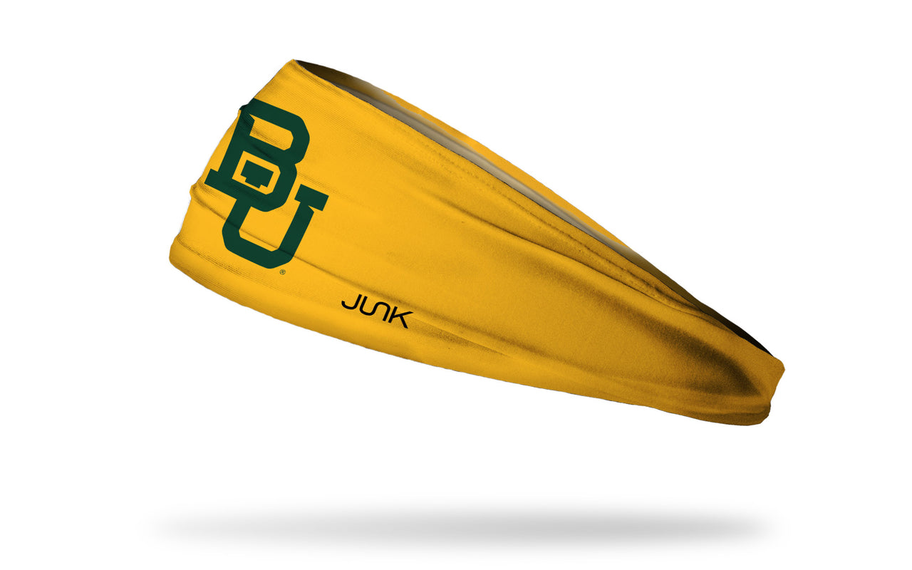 gold headband with Baylor University B U logo in green