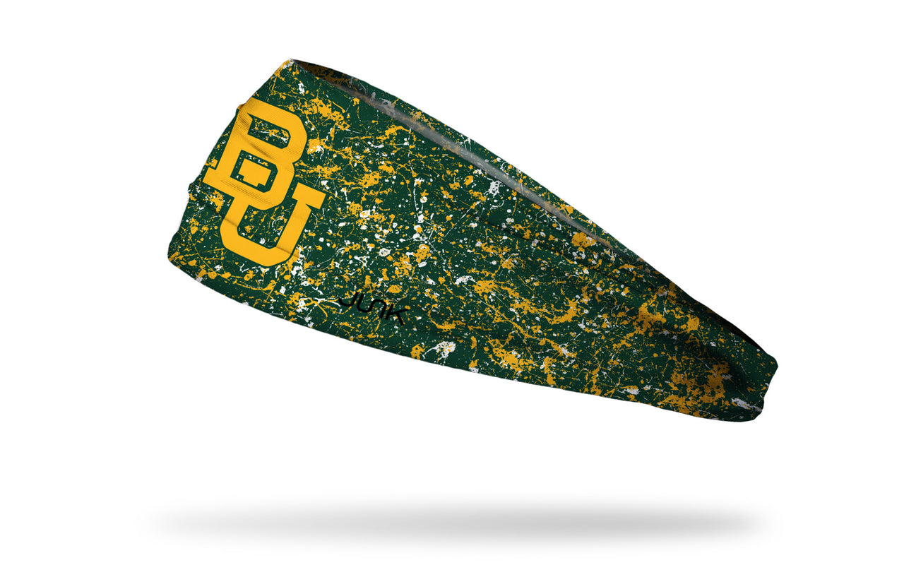 green headband with gold paint splatter and Baylor University B U logo in gold