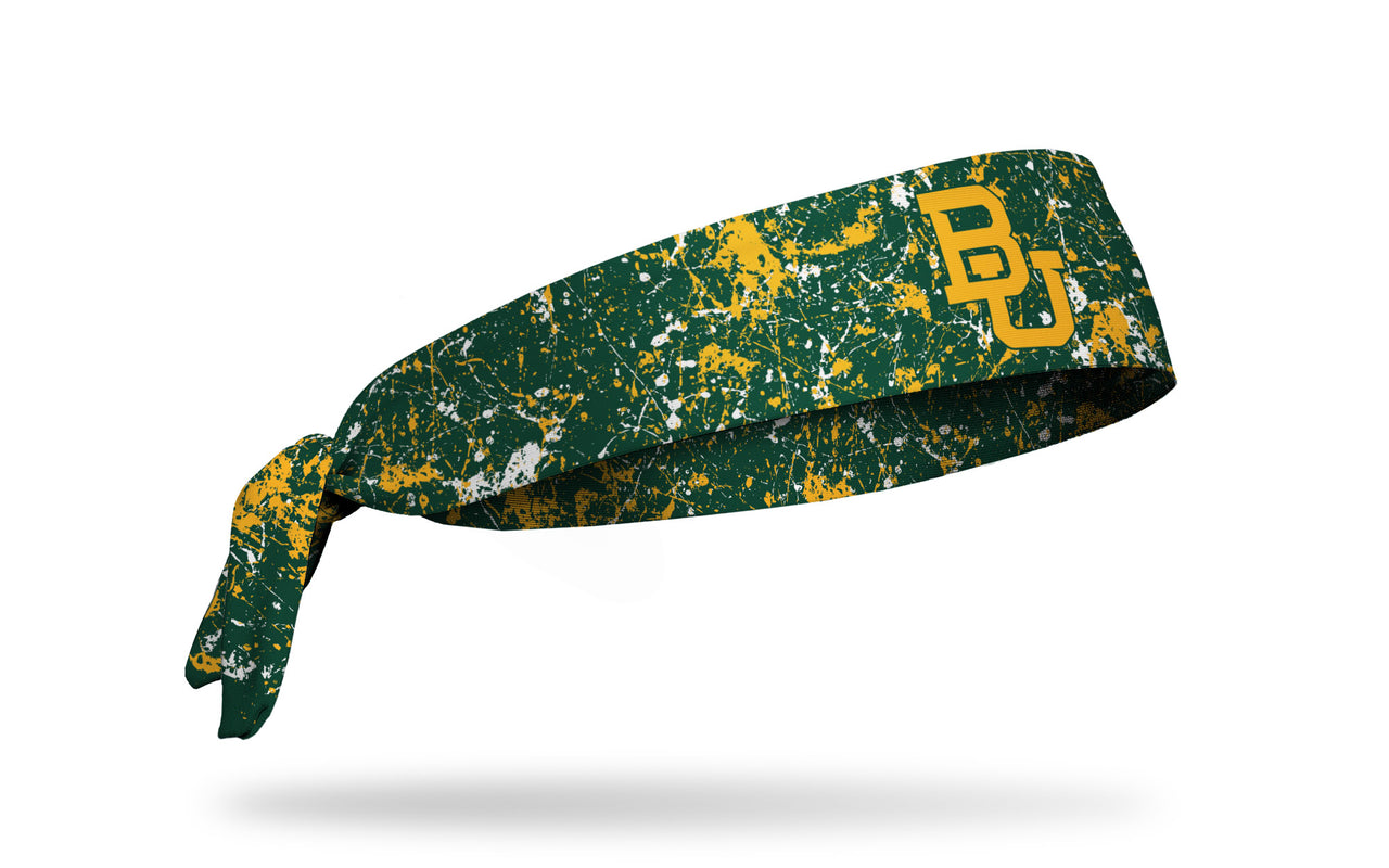 green headband with gold paint splatter and Baylor University B U logo in gold