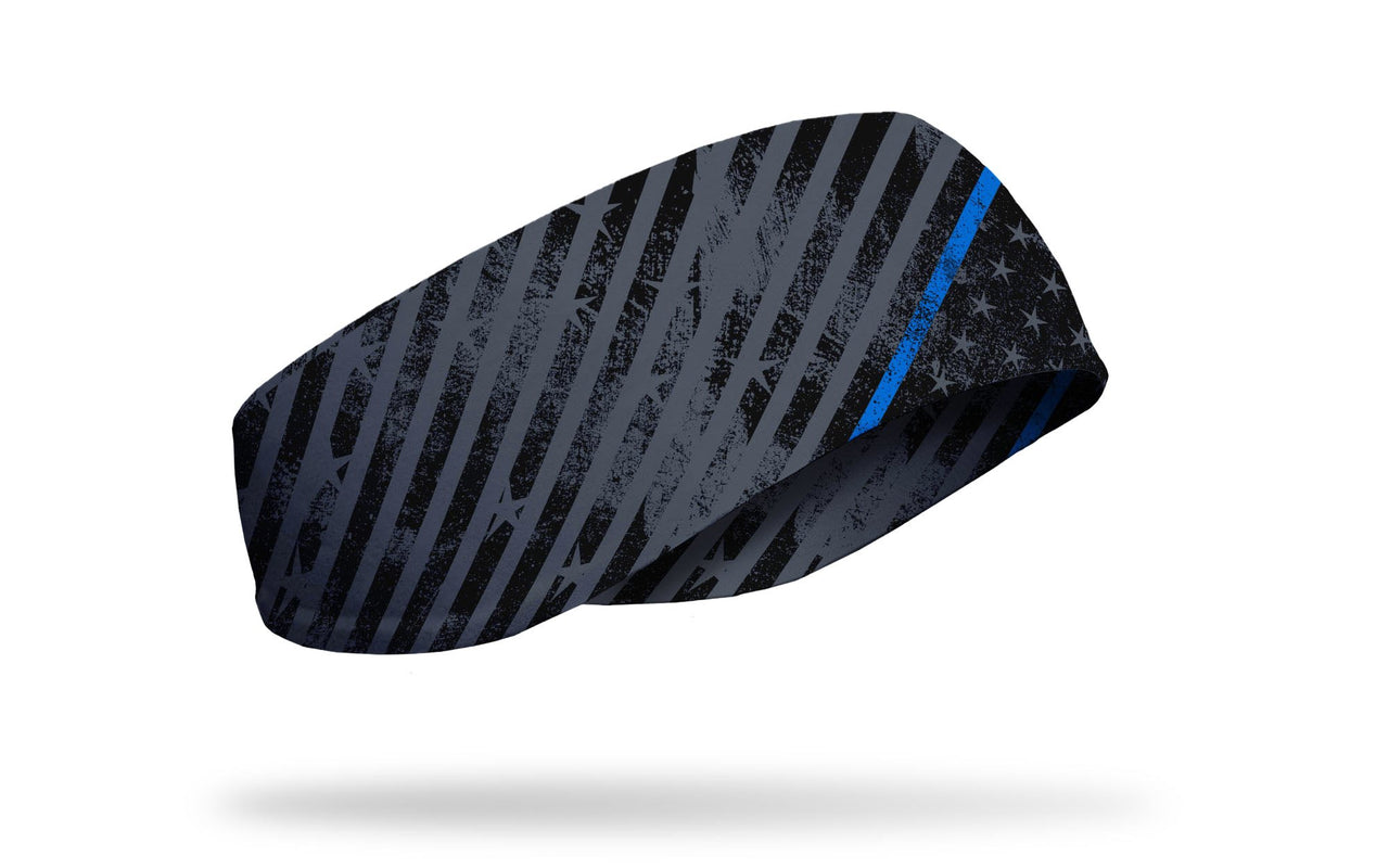 black ear warmer with grey stars and stripes grunge pattern and thin blue line