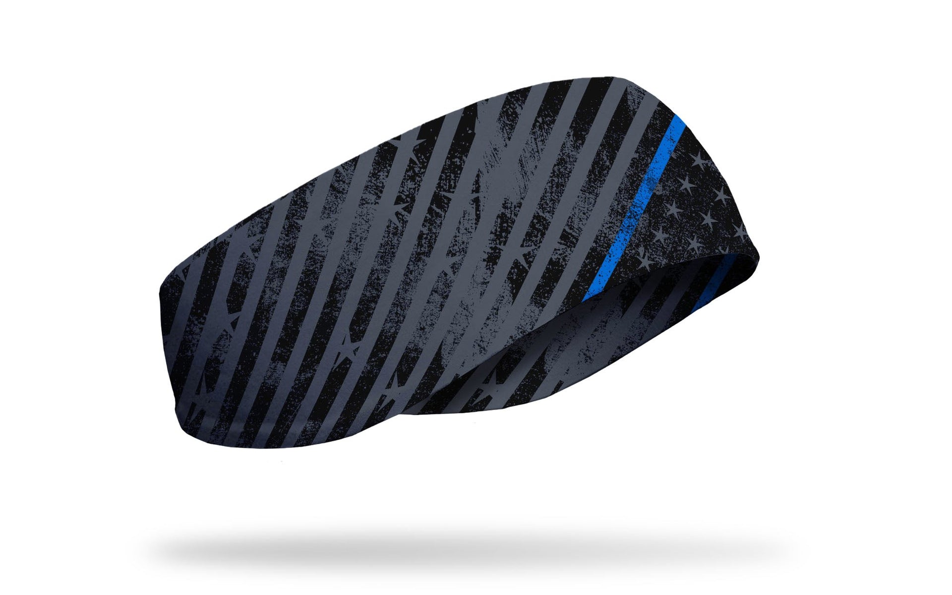 black ear warmer with grey stars and stripes grunge pattern and thin blue line