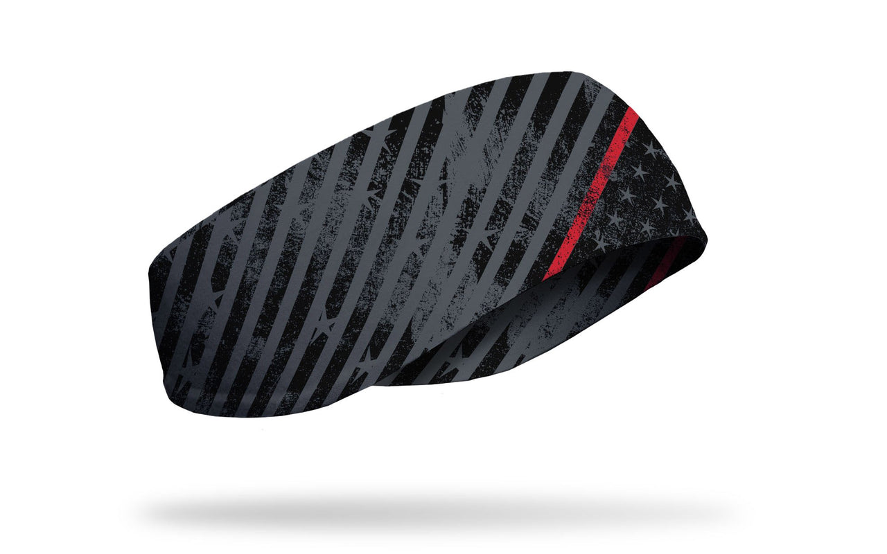 black ear warmer with grey stars and stripes grunge pattern and thin red line