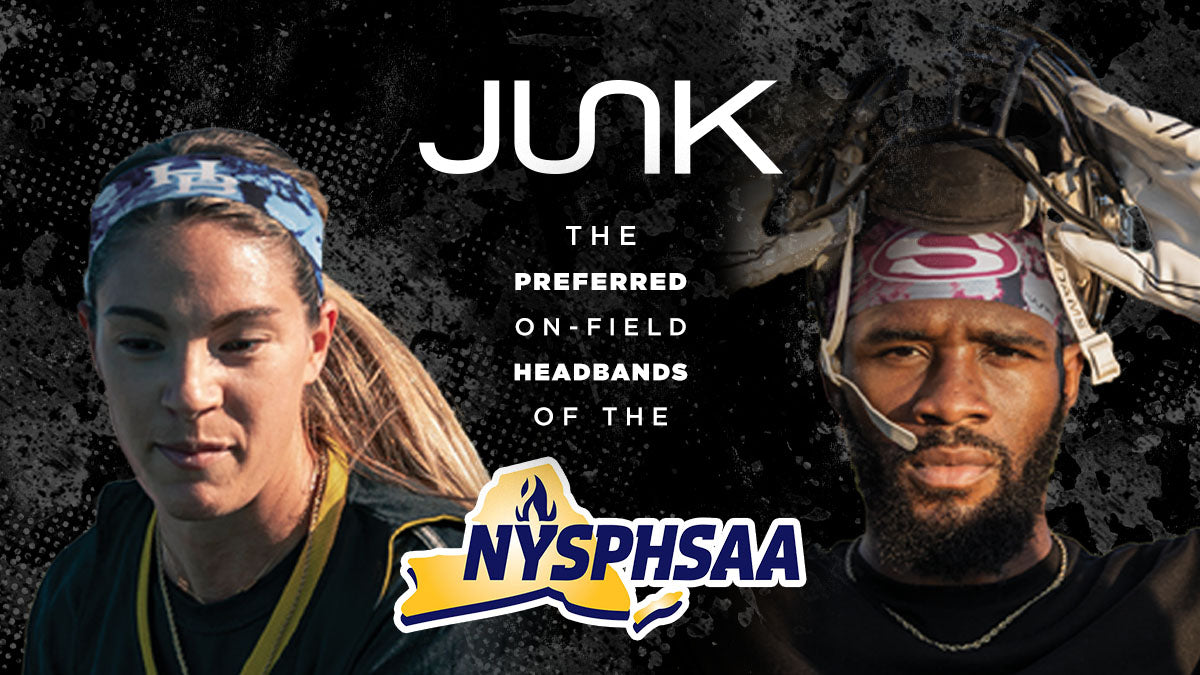 image of a female athlete on the left and a male athlete with a under helmet headband on the right. Text overlay that says JUNK the official on field headband of the NYSPHSAA