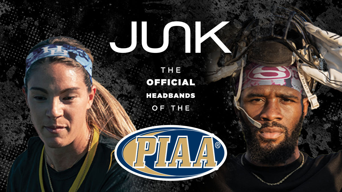 Two athletes in headbands and text overlay with the JUNK logo, the official headband of the PIAA