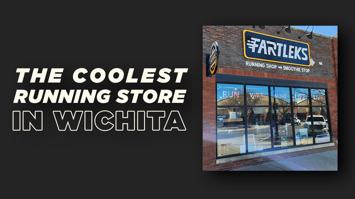 White text on black background that says the coolest running store in wichita and an image of the Fartleks store front