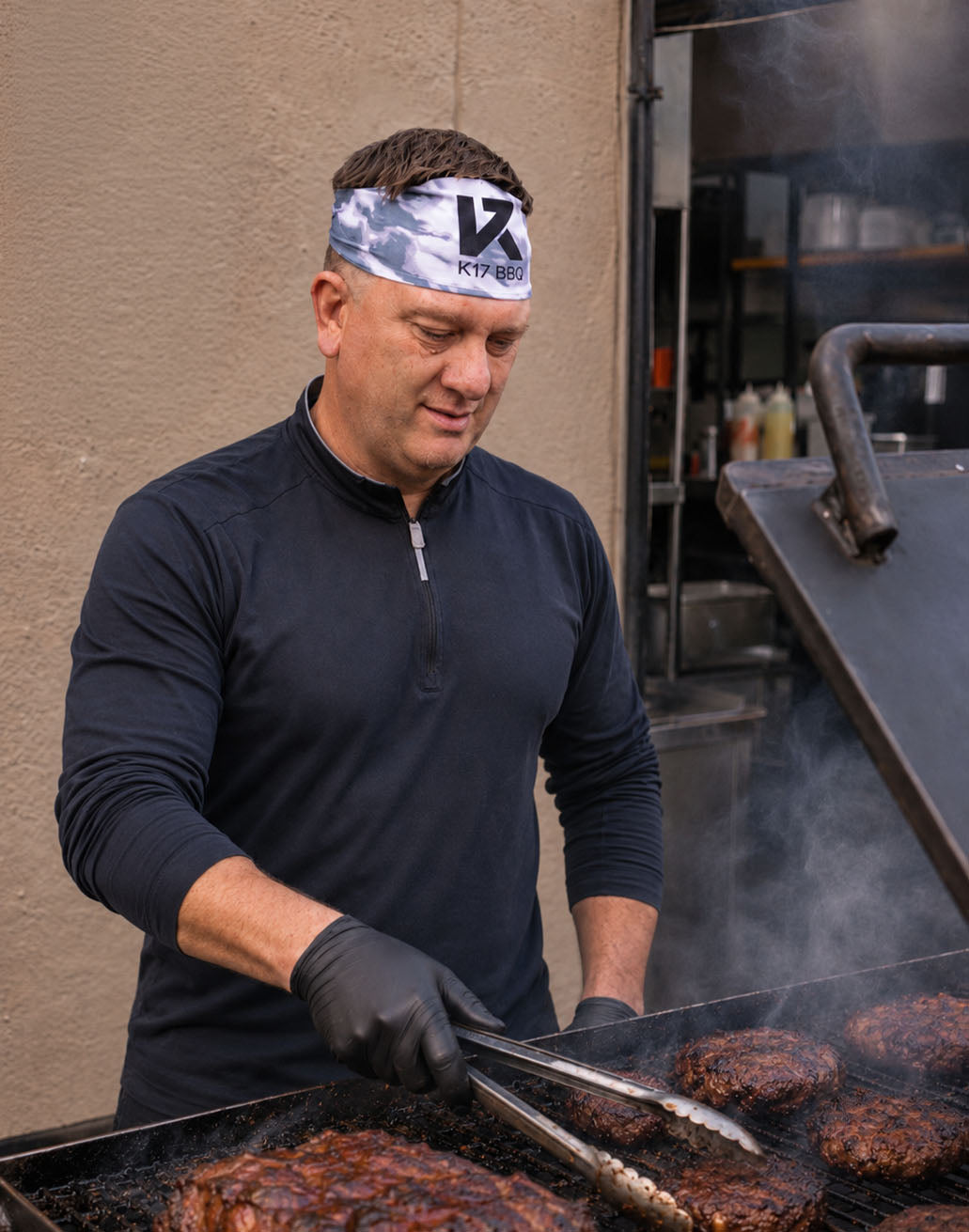 Food service worker wearing a JUNK headband
