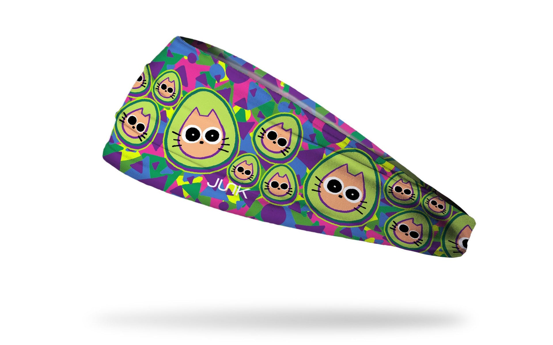 brightly colored headband with repeating pattern of cats dressed like avocados