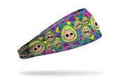 brightly colored headband with repeating pattern of cats dressed like avocados