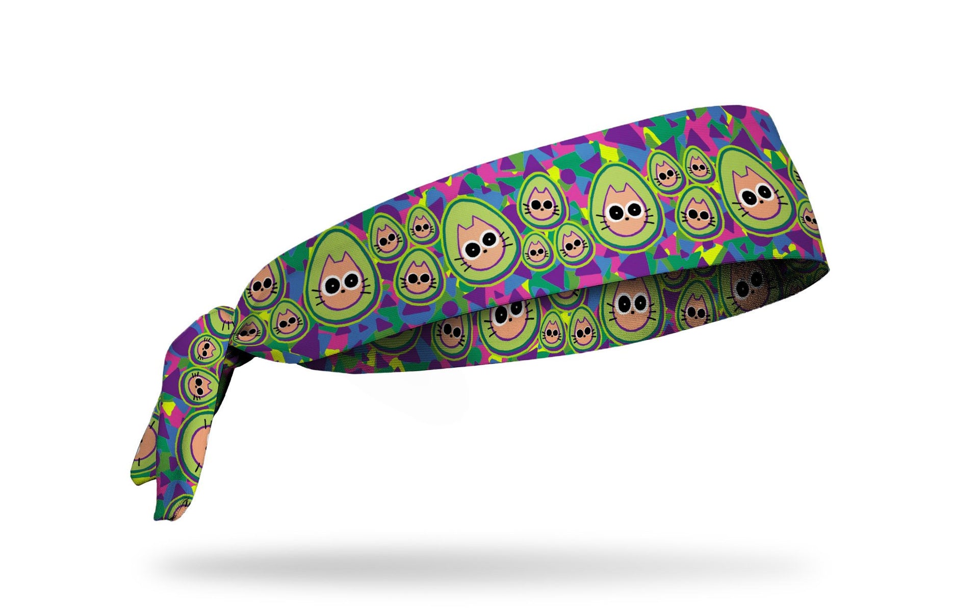 brightly colored headband with repeating pattern of cats dressed like avocados