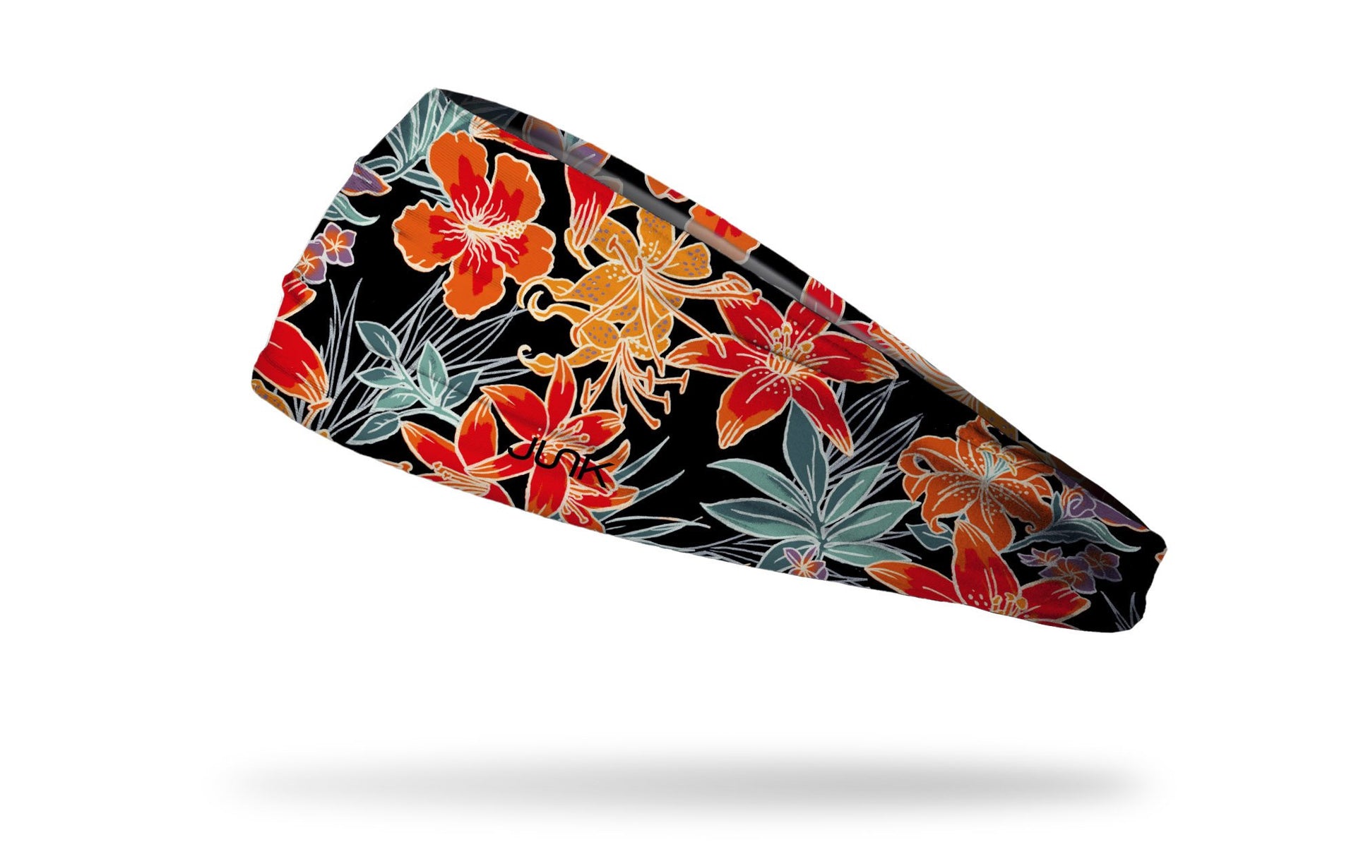 black headband with tropical floral print in green orange red and yellow