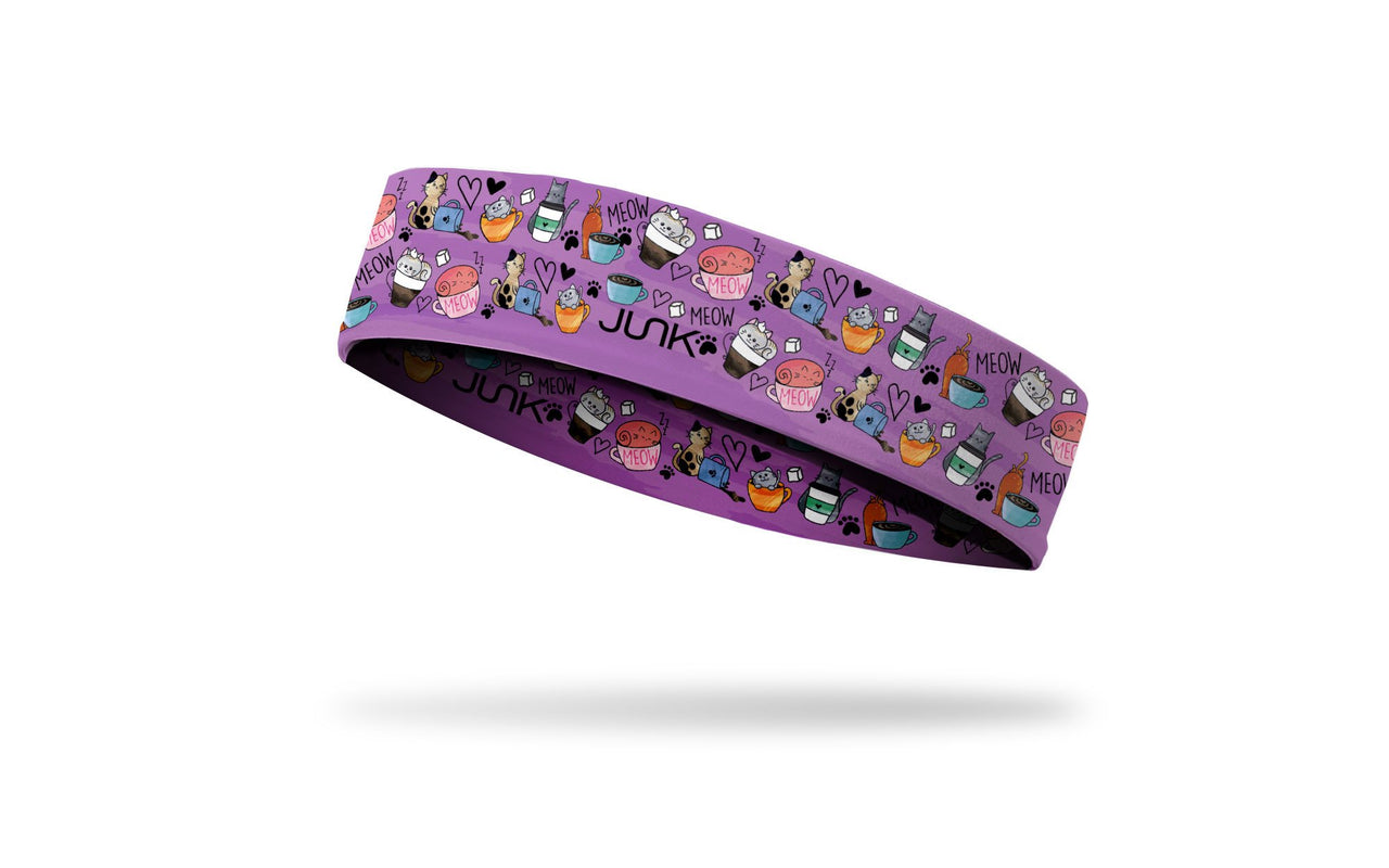 cat themed headband with colorful cats playing with coffee beans and mugs