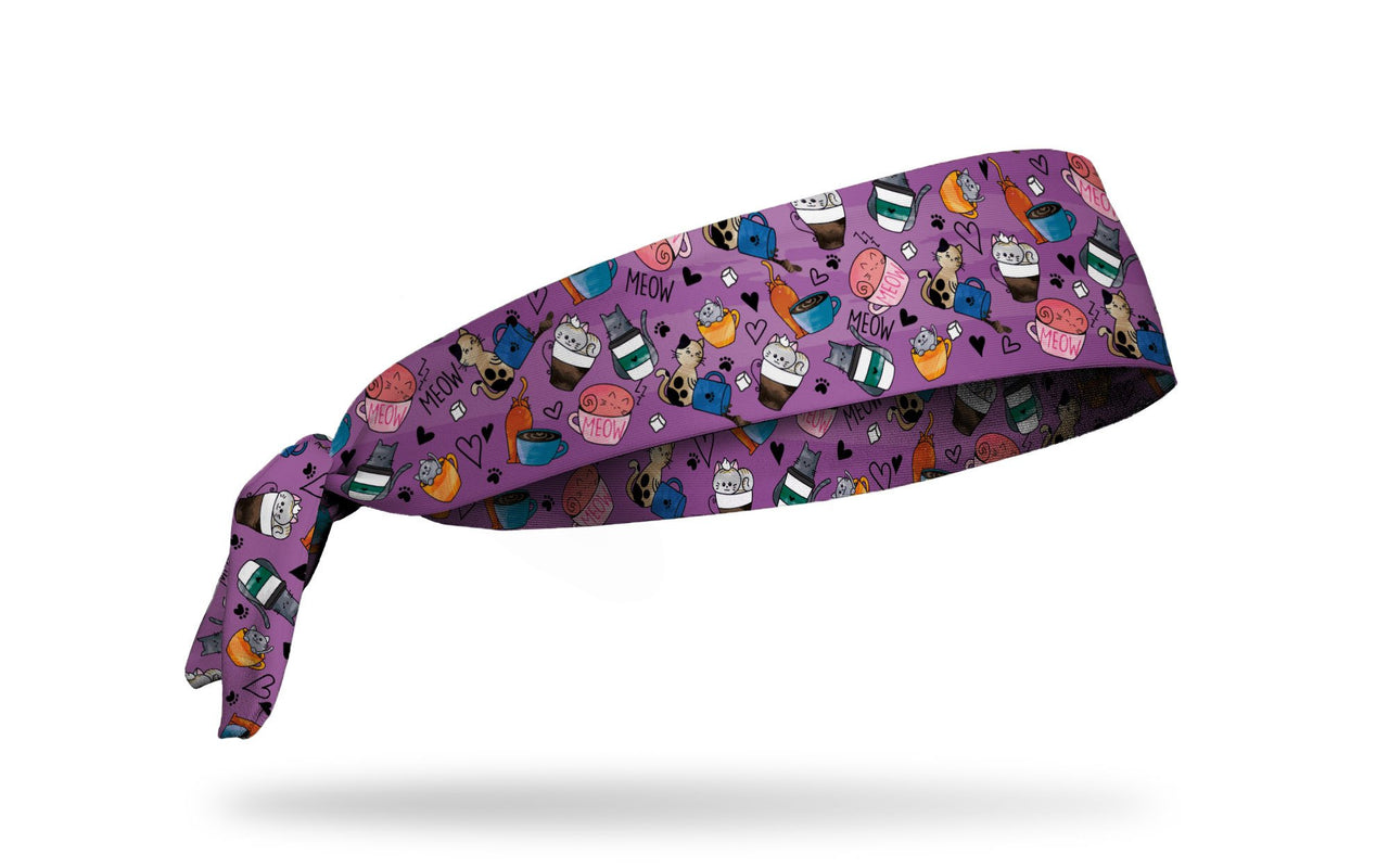 cat themed headband with colorful cats playing with coffee beans and mugs