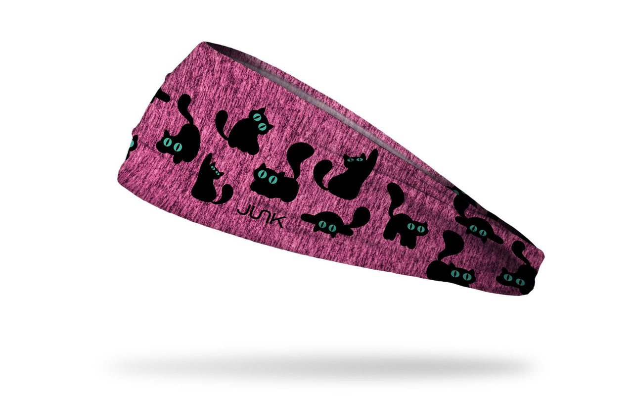 cat themed pink headband with black cats pouncing pattern