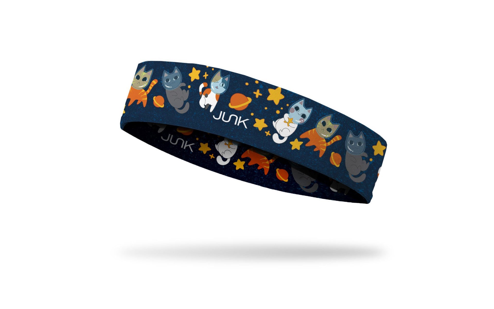 cat themed navy headband with cats as astronauts in space with stars and moons