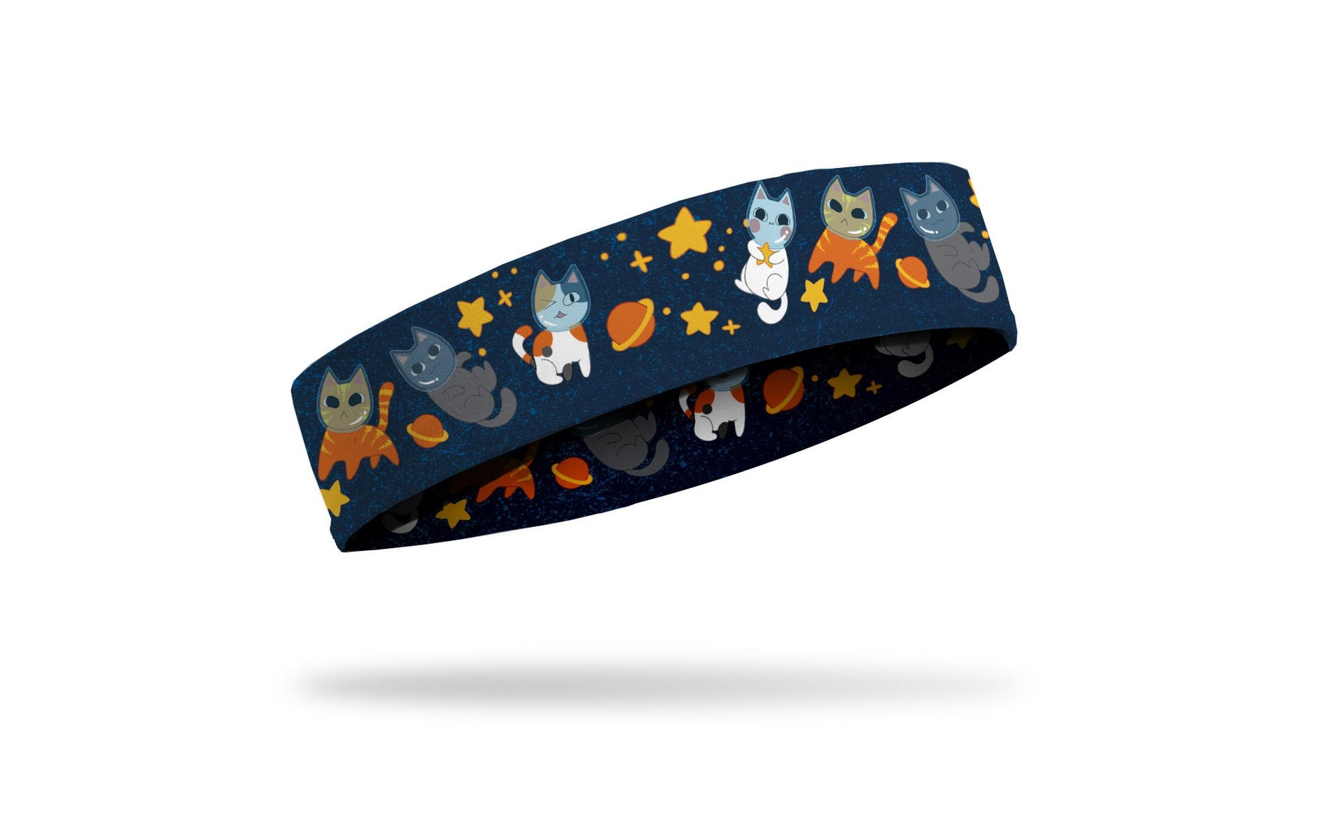 cat themed navy headband with cats as astronauts in space with stars and moons