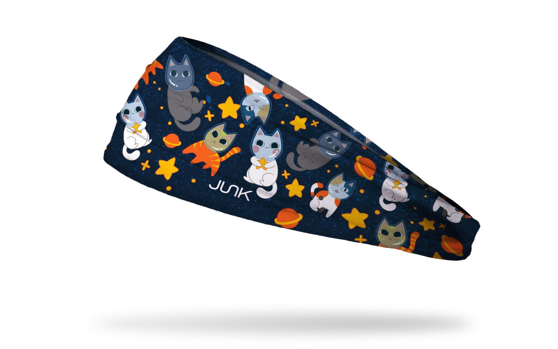 cat themed navy headband with cats as astronauts in space with stars and moons