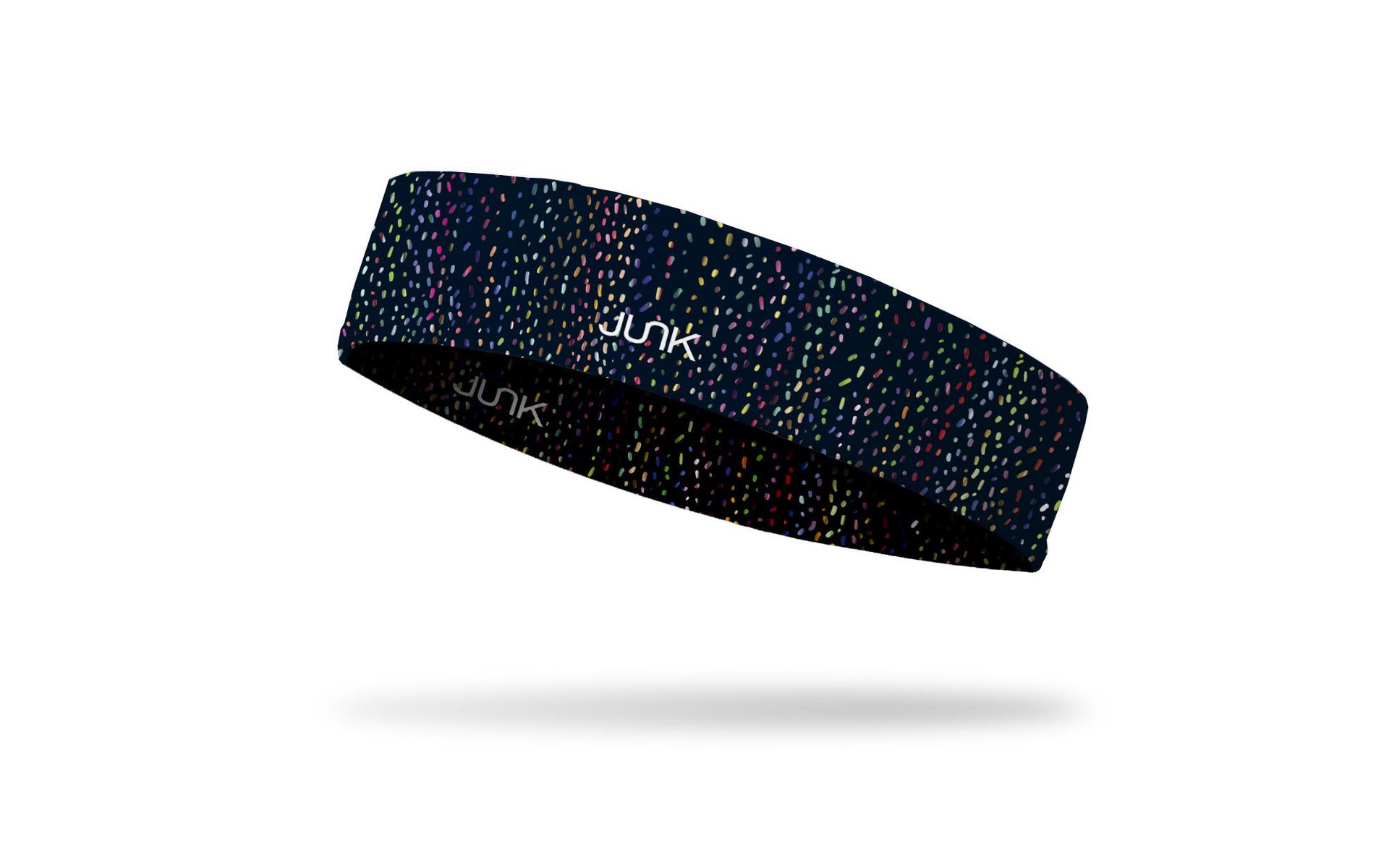 black headband with repeating pattern of confetti in bright colors