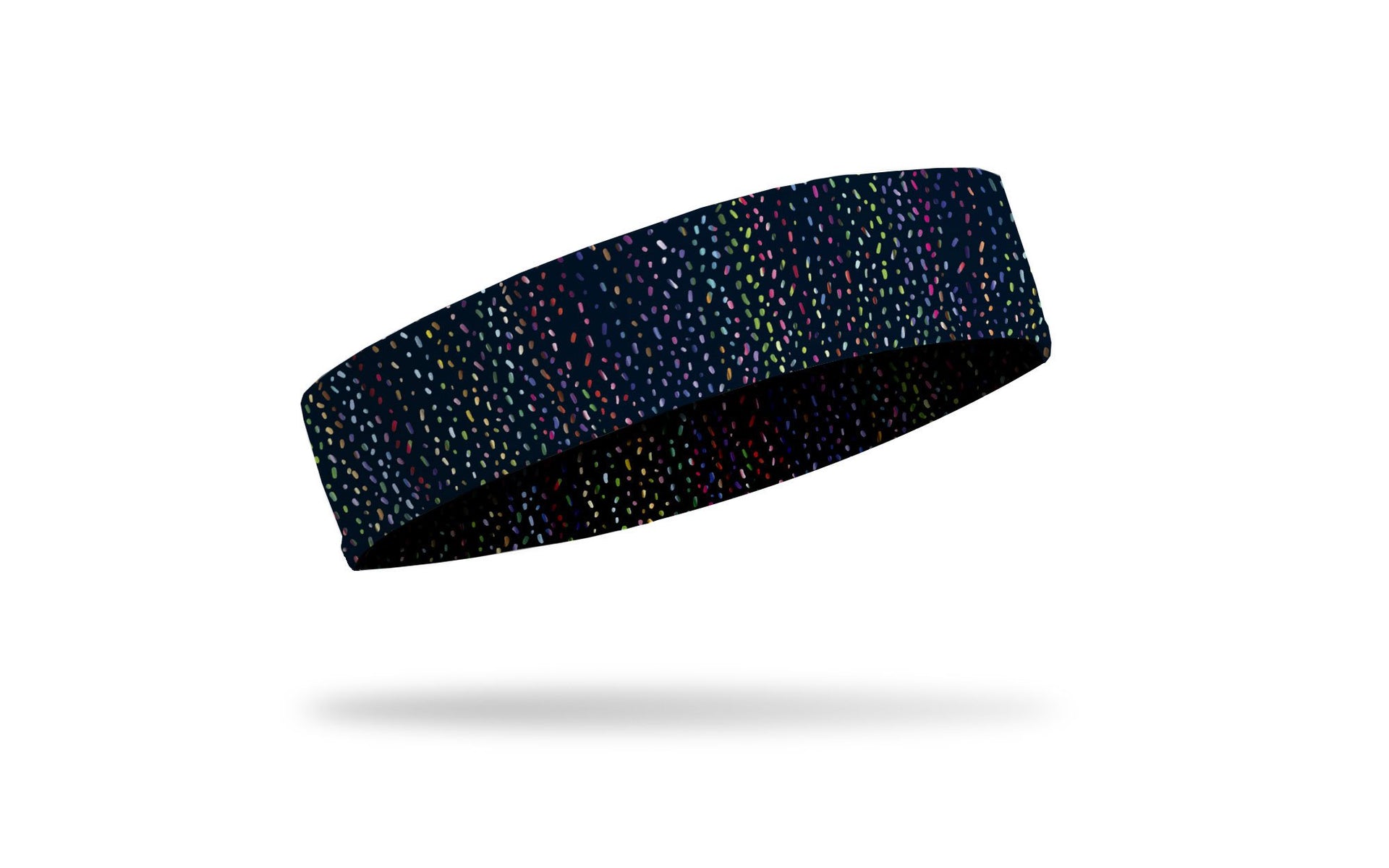 black headband with repeating pattern of confetti in bright colors