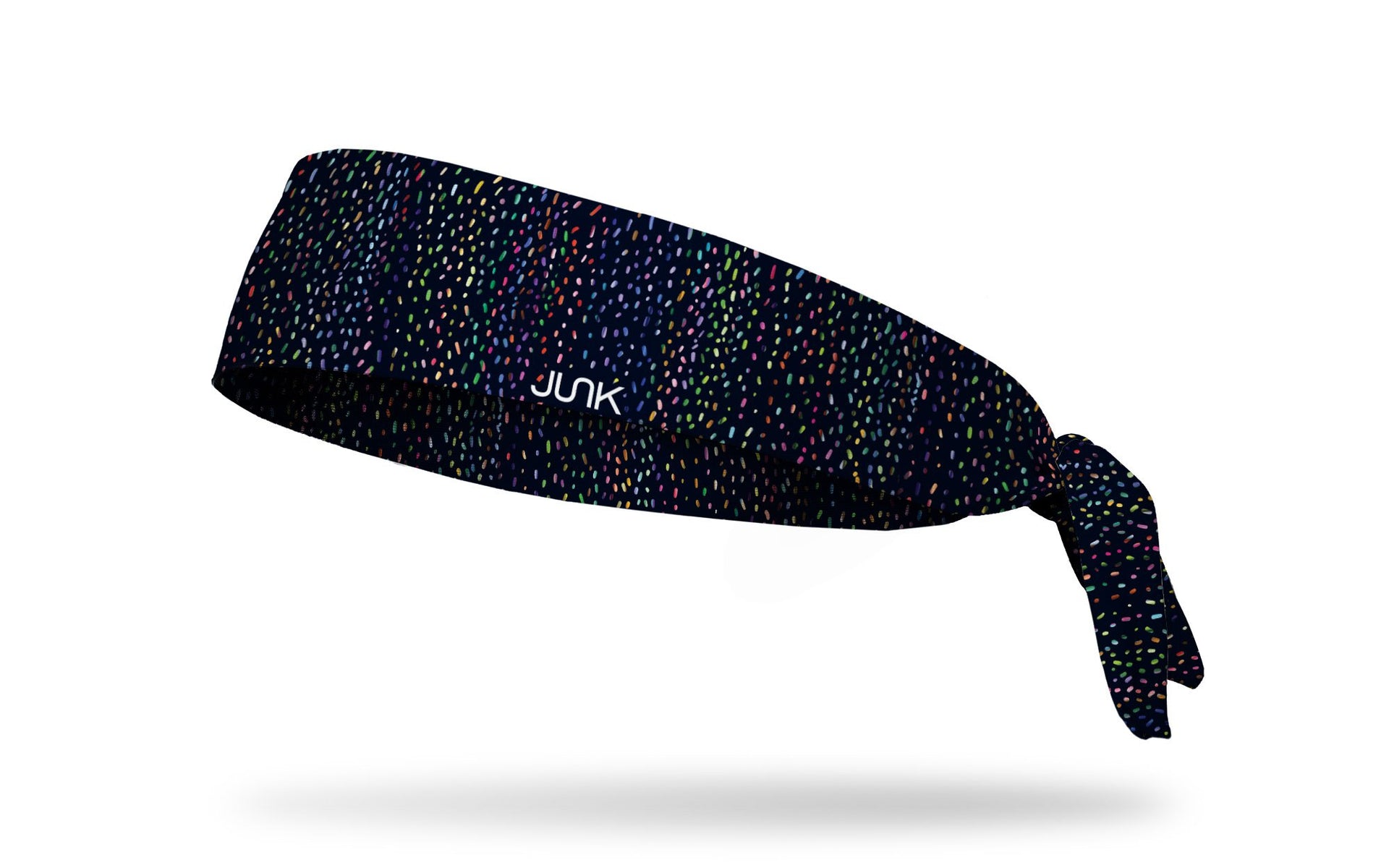 black headband with repeating pattern of confetti in bright colors