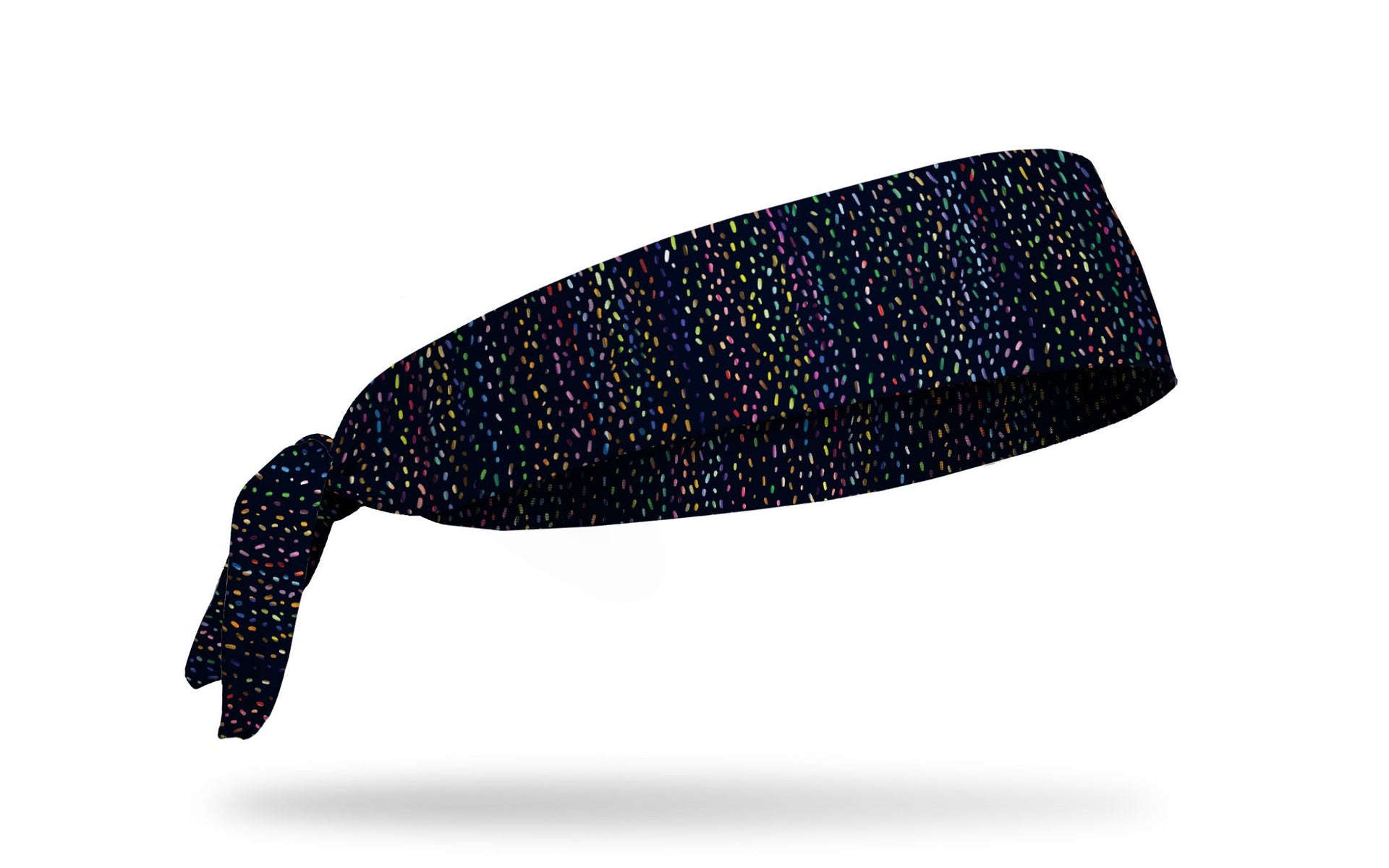 black headband with repeating pattern of confetti in bright colors