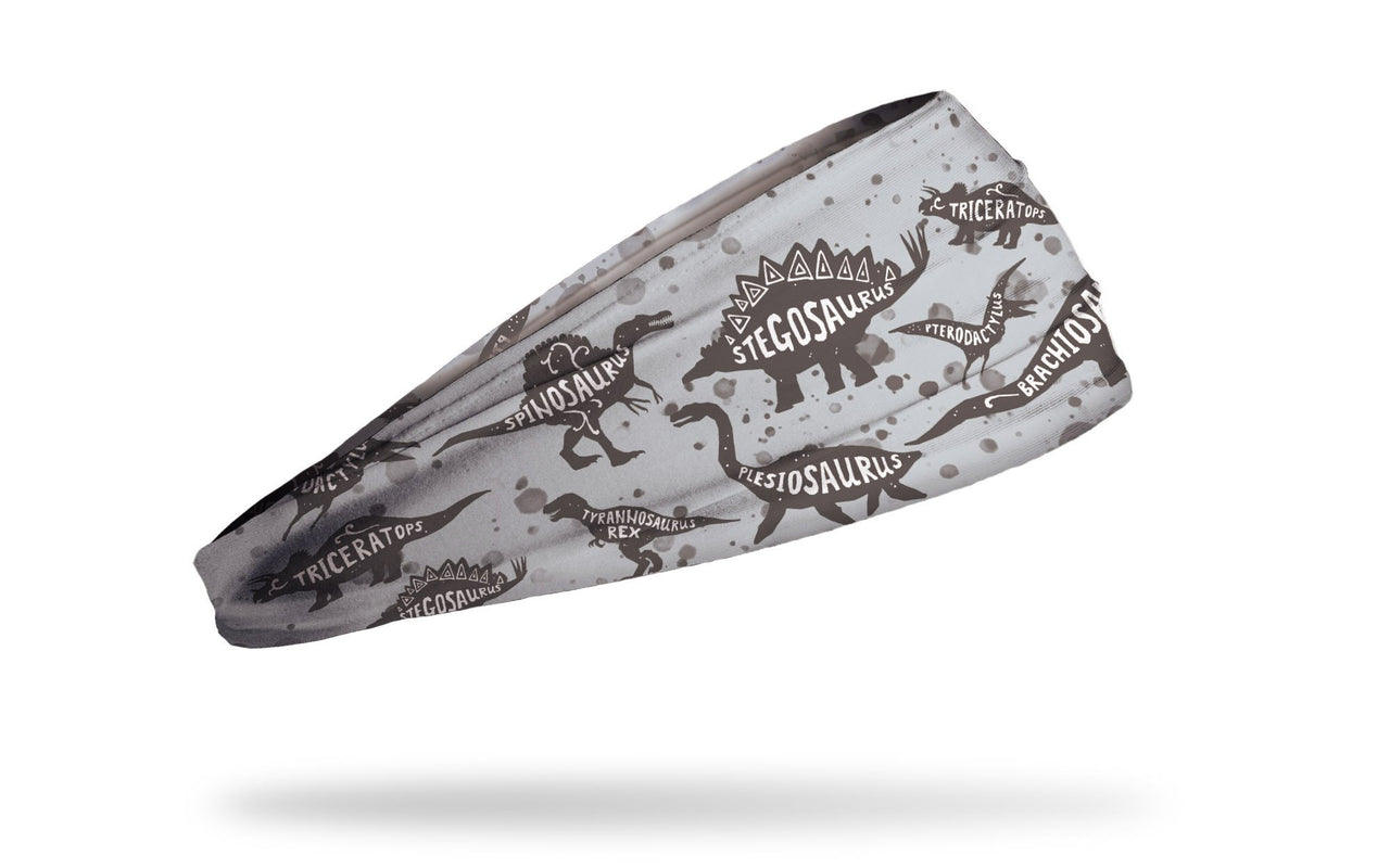 light khaki brown headband with outlines of dinosaurs in brown and names inside in white