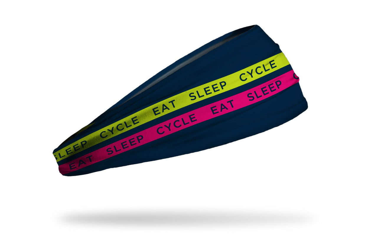 navy headband with red and yellow bands that say eat sleep cycle in a repeating pattern