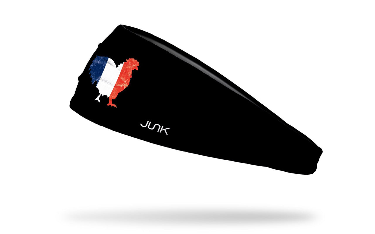 black headband with rooster outline filled in with grunge French flag design