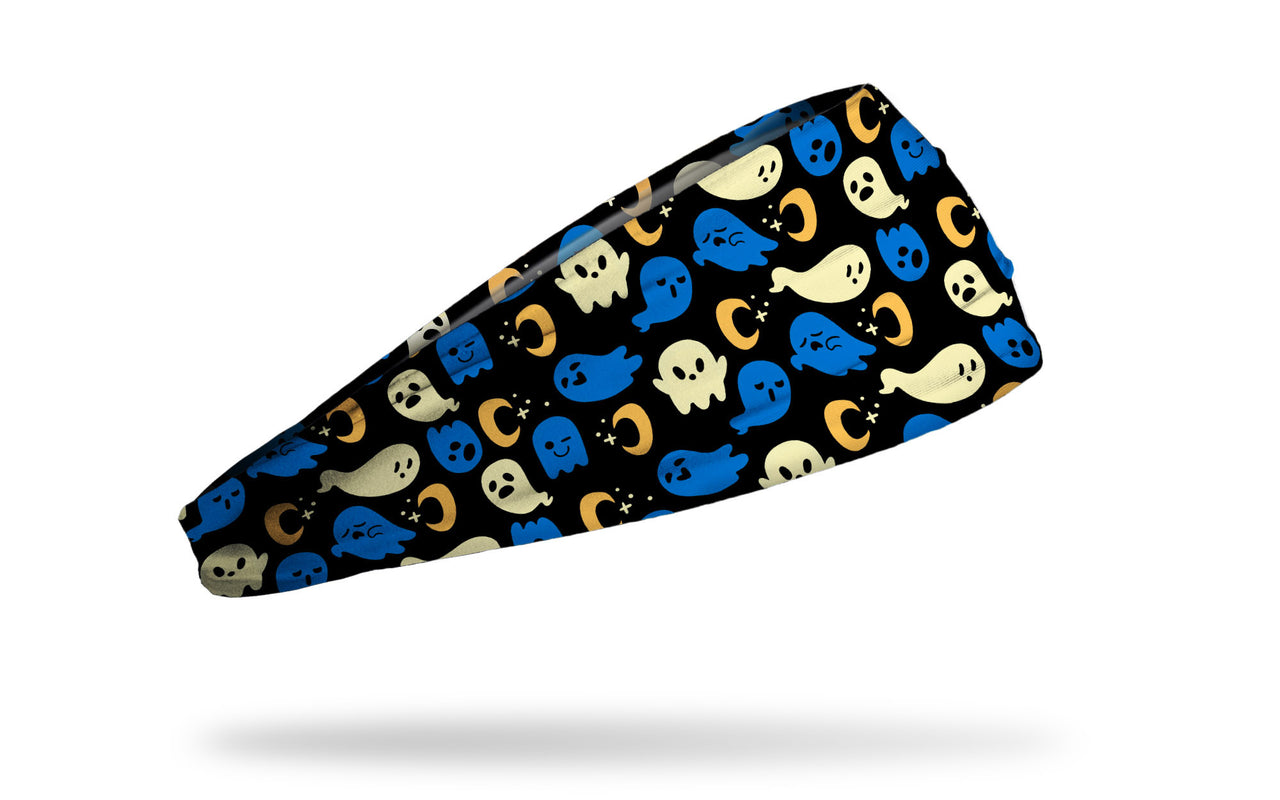 black headband with repeating pattern of blue and white ghosts with moons and stars