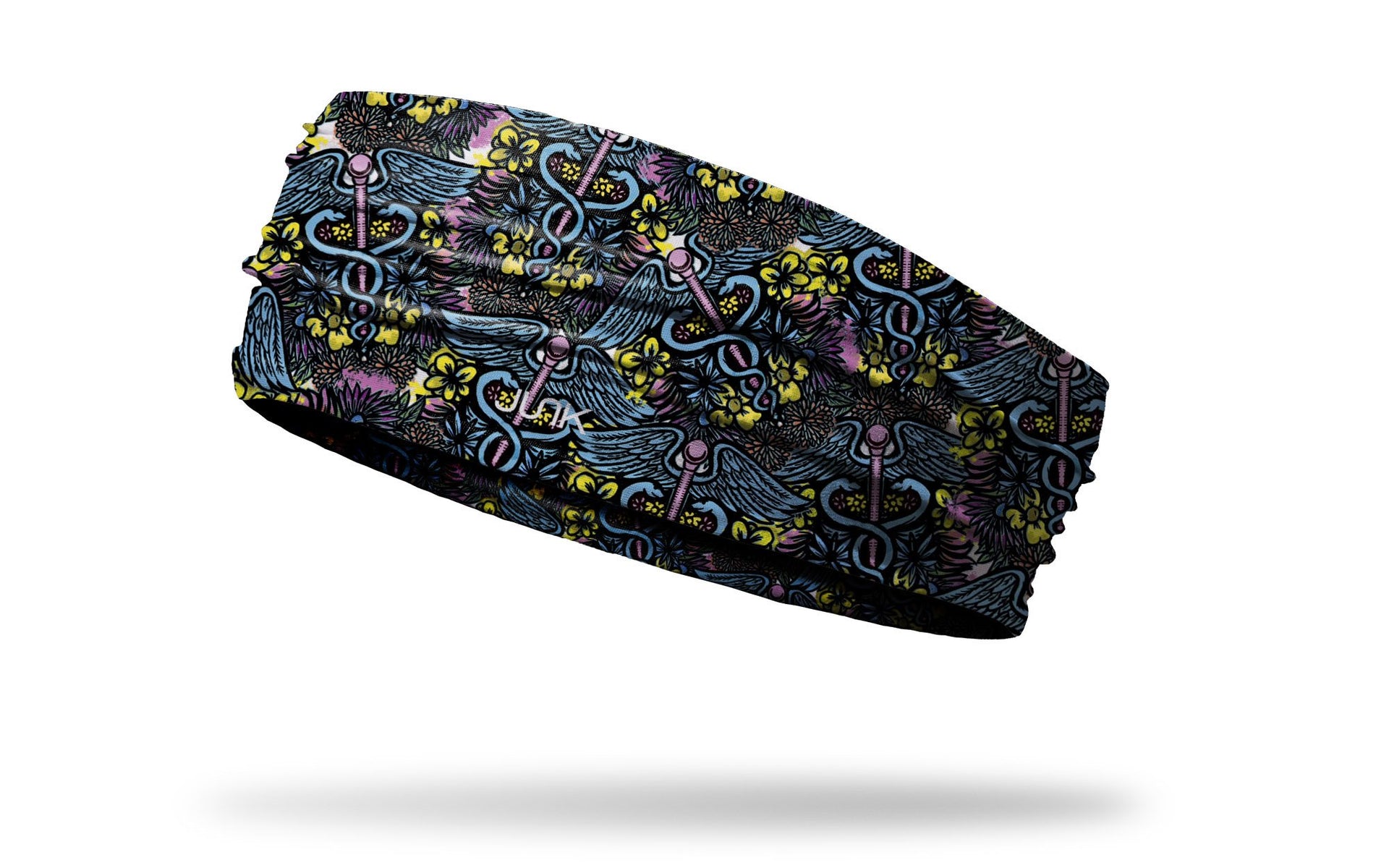 tropical print medical themed headband with colorful caduceus repeating pattern