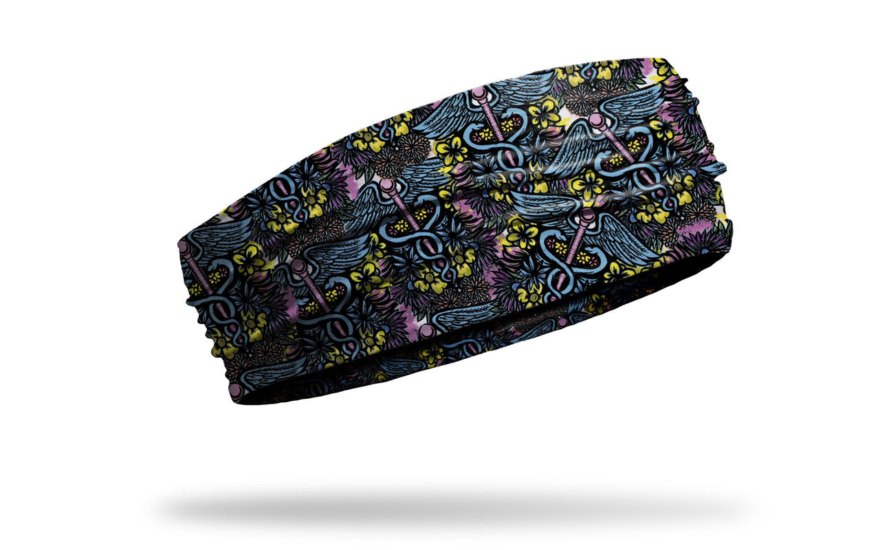 tropical print medical themed headband with colorful caduceus repeating pattern