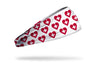 white medical themed headband with white positive symbol inside red heart pattern