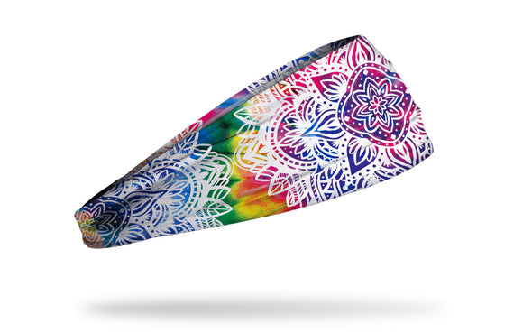 tie-dye rainbow print headband with intricate white mandala