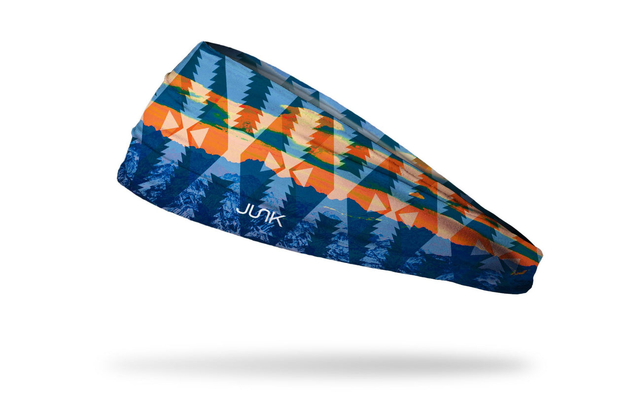 orange and blue tribal pattern headband with faded pine trees