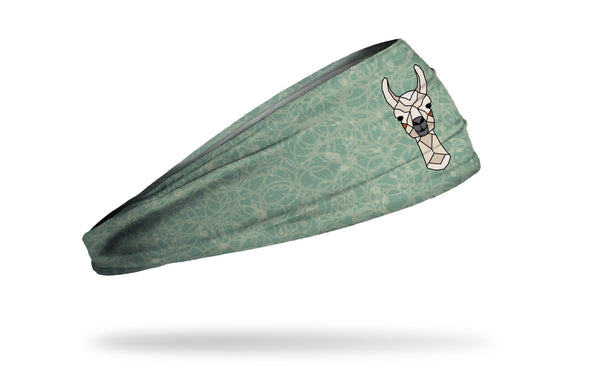 aqua green and grey print headband with geometric llama in center
