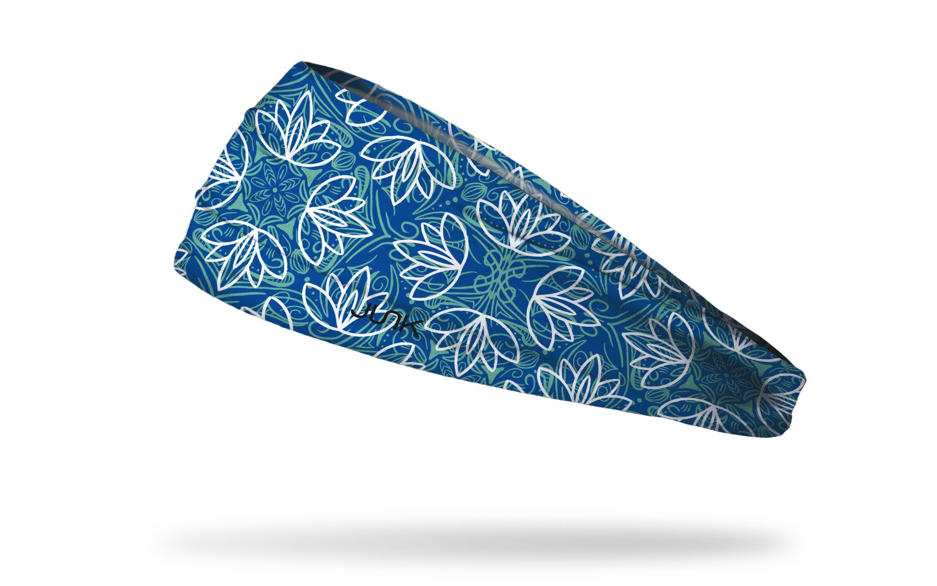 royal blue and light blue kaleidoscope design headband with white lotus repeating pattern