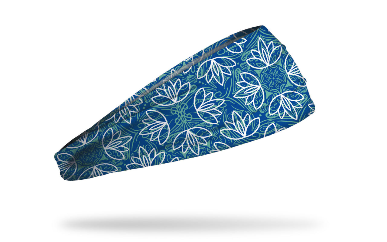 royal blue and light blue kaleidoscope design headband with white lotus repeating pattern