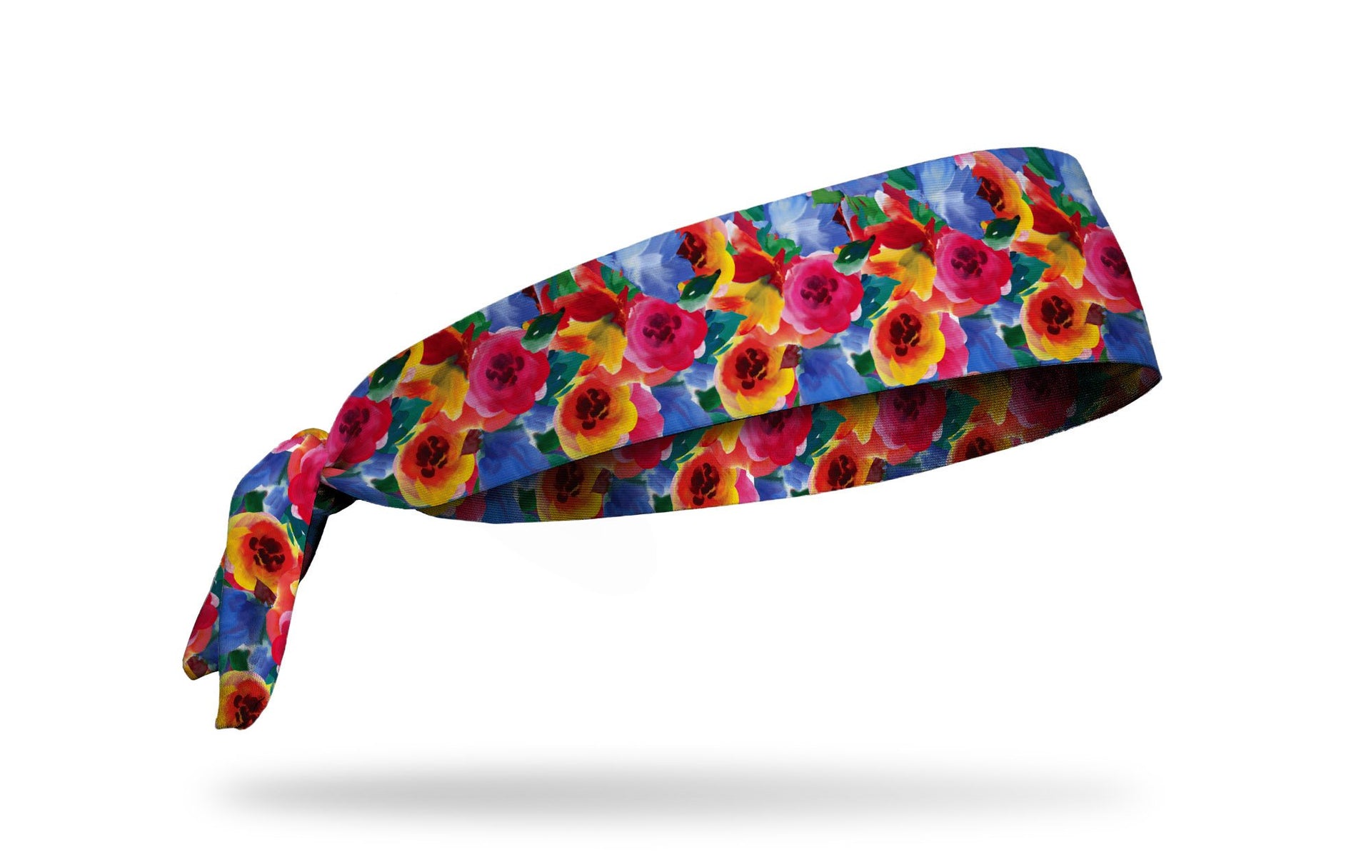 brightly colored headband with repeating pattern of flowers in watercolor