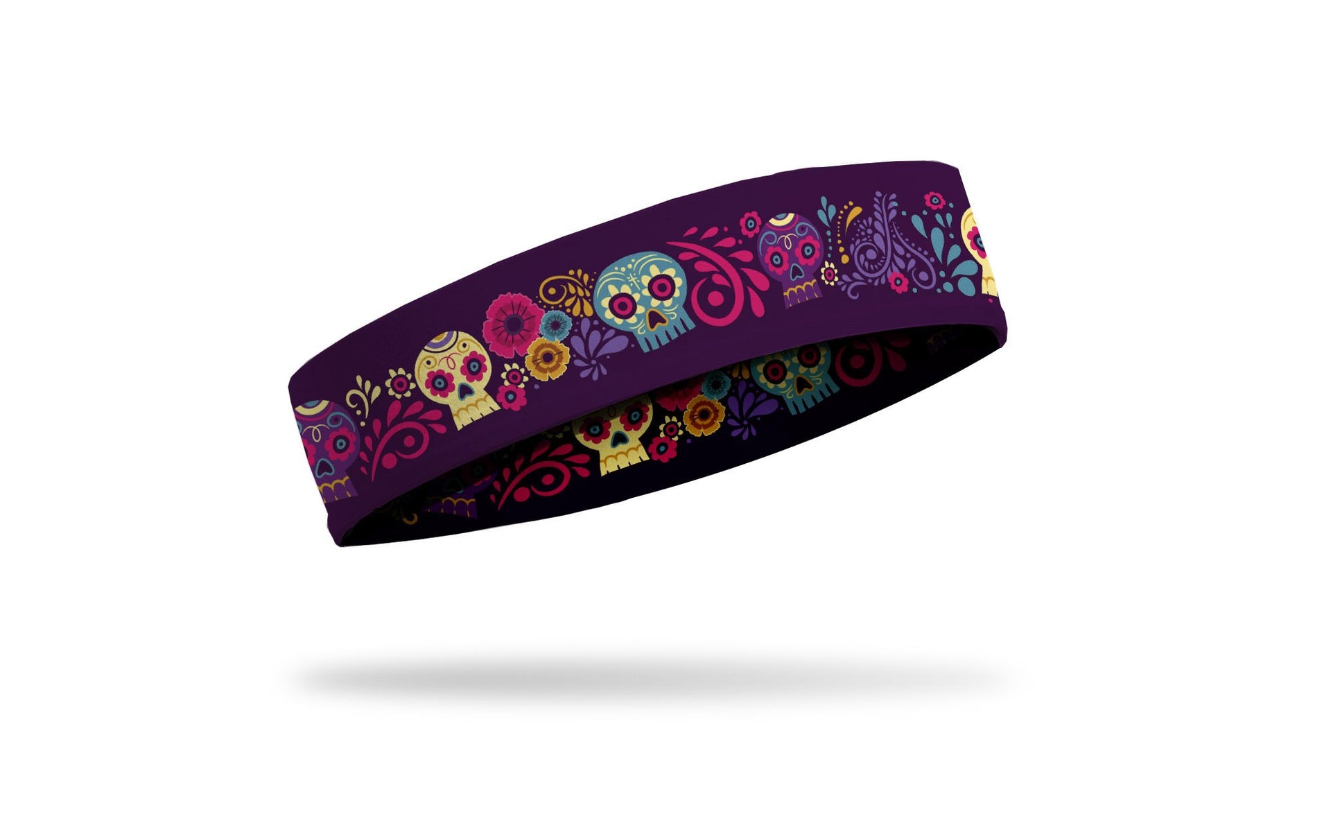 dark purple headband with turquoise cream gold and bright pink floral accents and sugar skulls