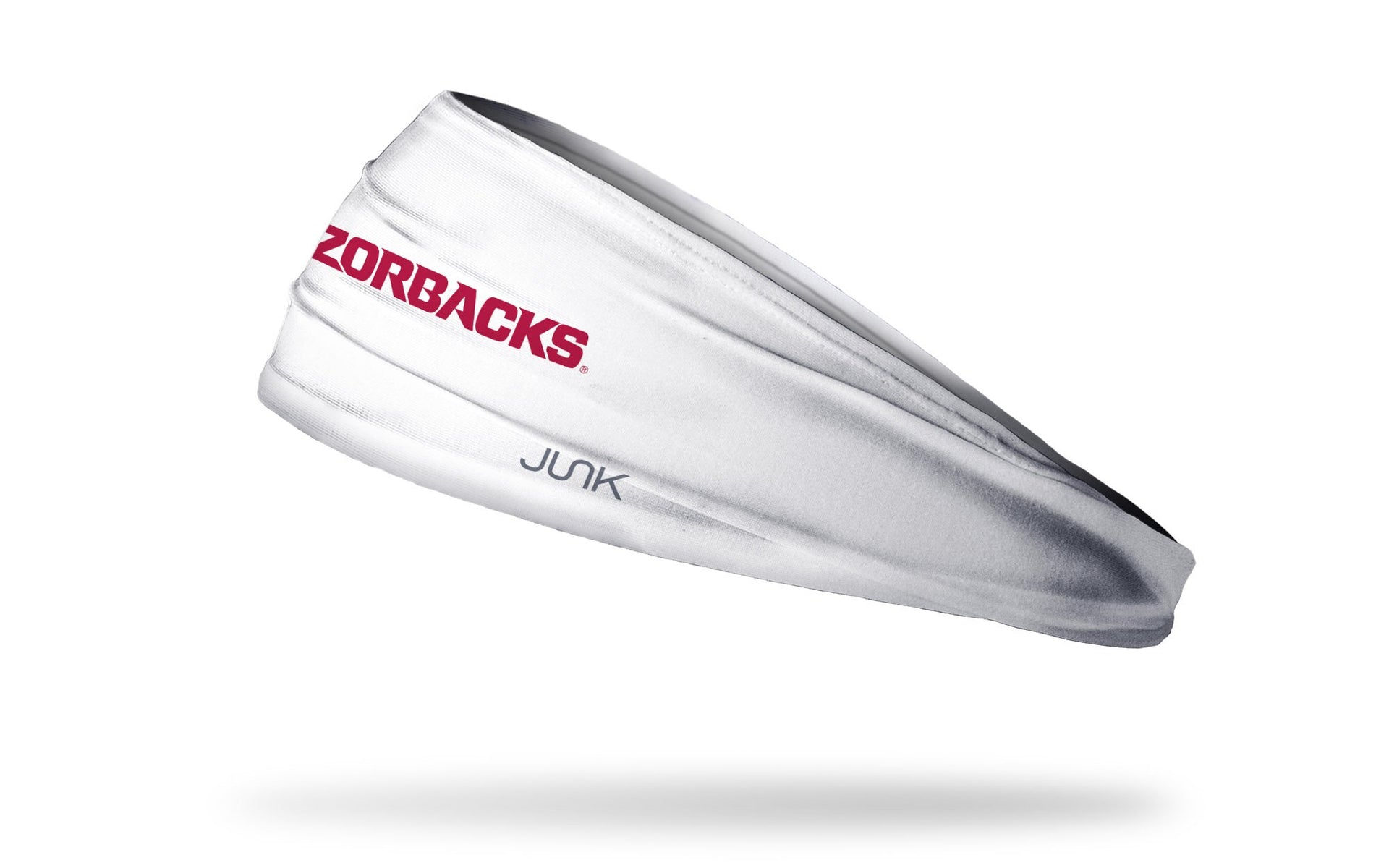white headband with Arkansas Razorbacks wordmark in cardinal