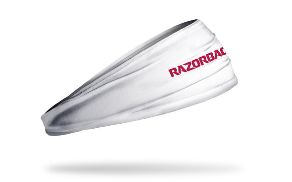 white headband with Arkansas Razorbacks wordmark in cardinal